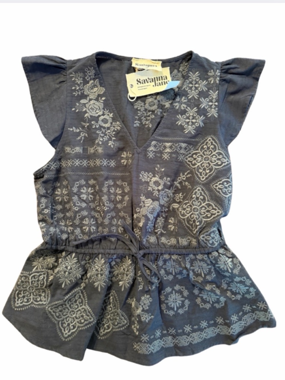 Savanna Jane Embroidered Blouse Medium NWT Boho Floral Tie Waist Top